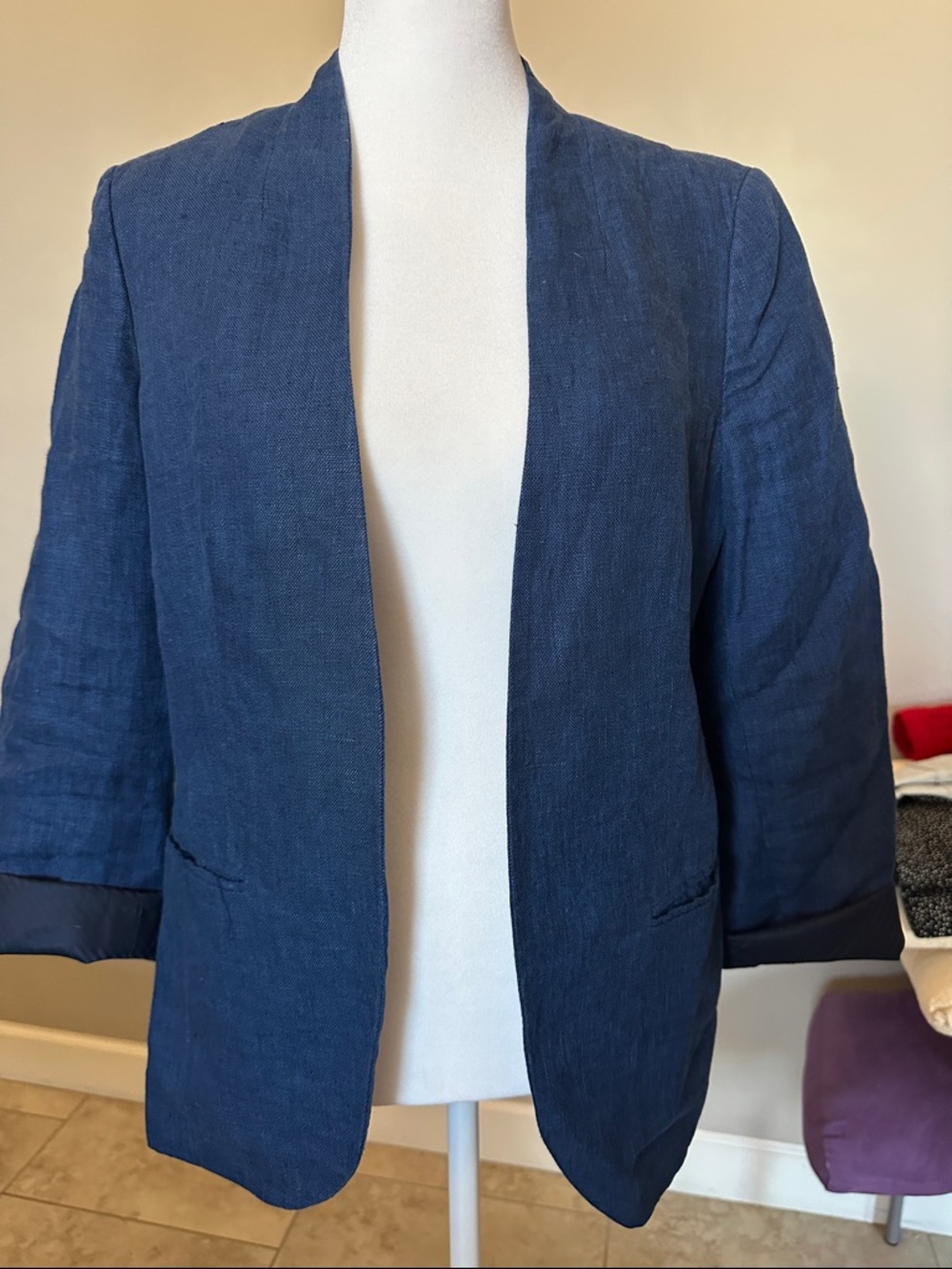 The Limited Navy Open-Front Linen Blend Blazer EUC XS